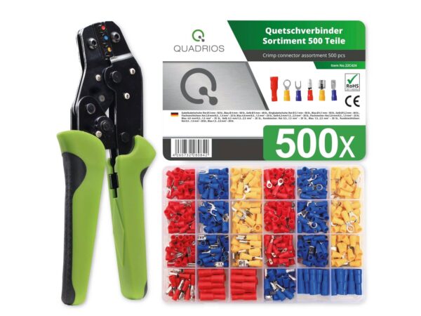 QUADRIOS Multifunktions-Crimpzange für isolierte Kabelschuhe mit Quetschverbinder-Set